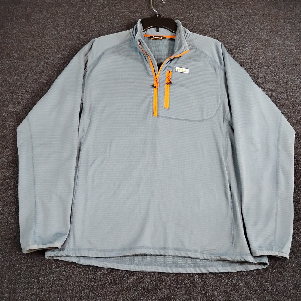 Orvis Horseshoe Hills Fleece 1/4 Zip Pullover Mens Large Blue Orange Grid 2YNJ